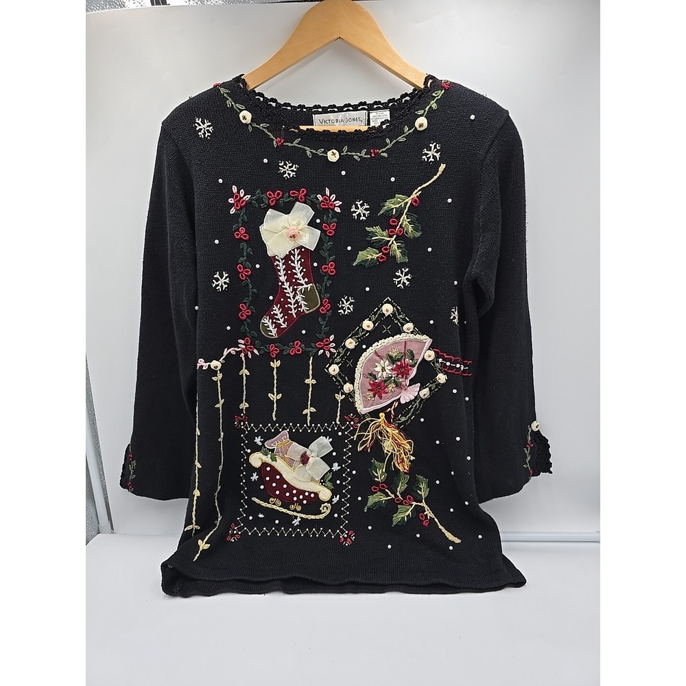 Victoria Jones Fall VTG Embroidered Ugly Christmas Sweater Beaded Woman S - Picture 3 of 12